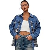PAOLA RIBONI Women's Oversized Denim Jacket Jean Shackets Plaid Long Sleeve Boyfriend Button Down Shirts with Pockets