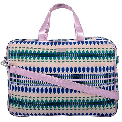 K London Eco-Friendly Pink-Blue-Green-White Jacquard & Vegan Leather Handmade Laptop Bag Cross Over Shoulder Messenger Bag Office Bag for Women (2101_Pink)