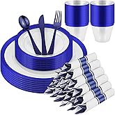 210 Pcs Blue Plastic Dinnerware Set for 30 Guests - Includes 30set of Dinner Plates, Dessert Plates, Clear Plastic Cups, and Blue Pre-Rolled Napkins with Cutlery Set, Disposable Party Supplies