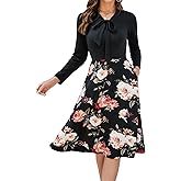 oxiuly Women's Vintage Bow Tie V-Neck Pockets Casual Work Party Cocktail Swing A-line Dresses OX278 (L, BK-MUDF9)