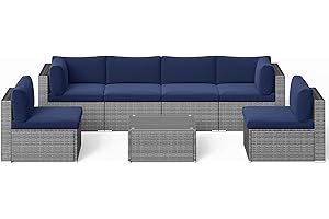 SUNVIVI OUTDOOR 7 Piece Patio Furniture Sets All Weather Grey PE Wicker Couch Sofa with Glass Table, Removable Navy Blue Cushions