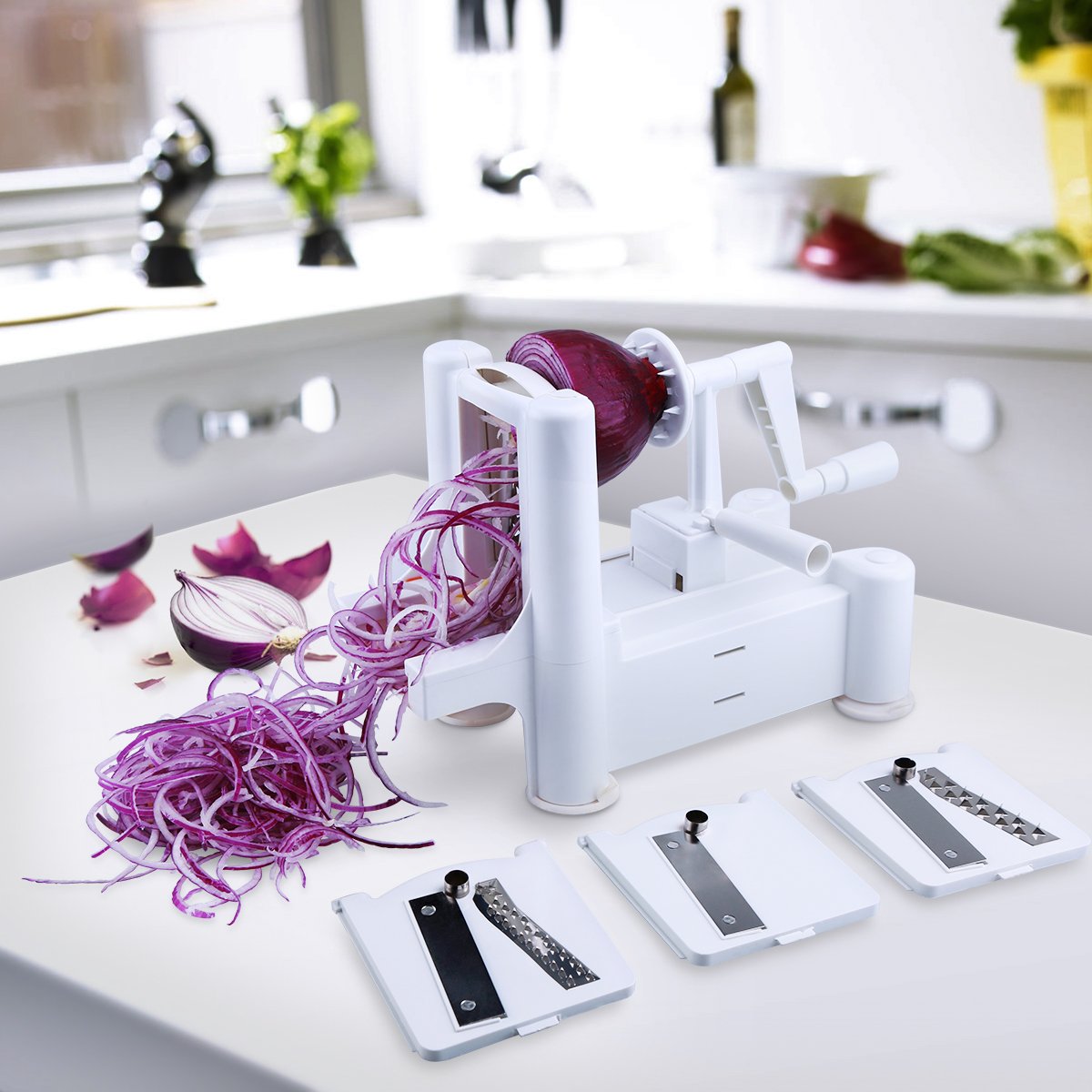 kemmo 3-Blade Spiralizer Vegetable Slicer Veggie Pasta Spaghetti Maker for Spiral Vegetable Slicer, Healthy Low Carb/Paleo/Gluten-Free Meals Powerful Suction Base Vegetable Slicer