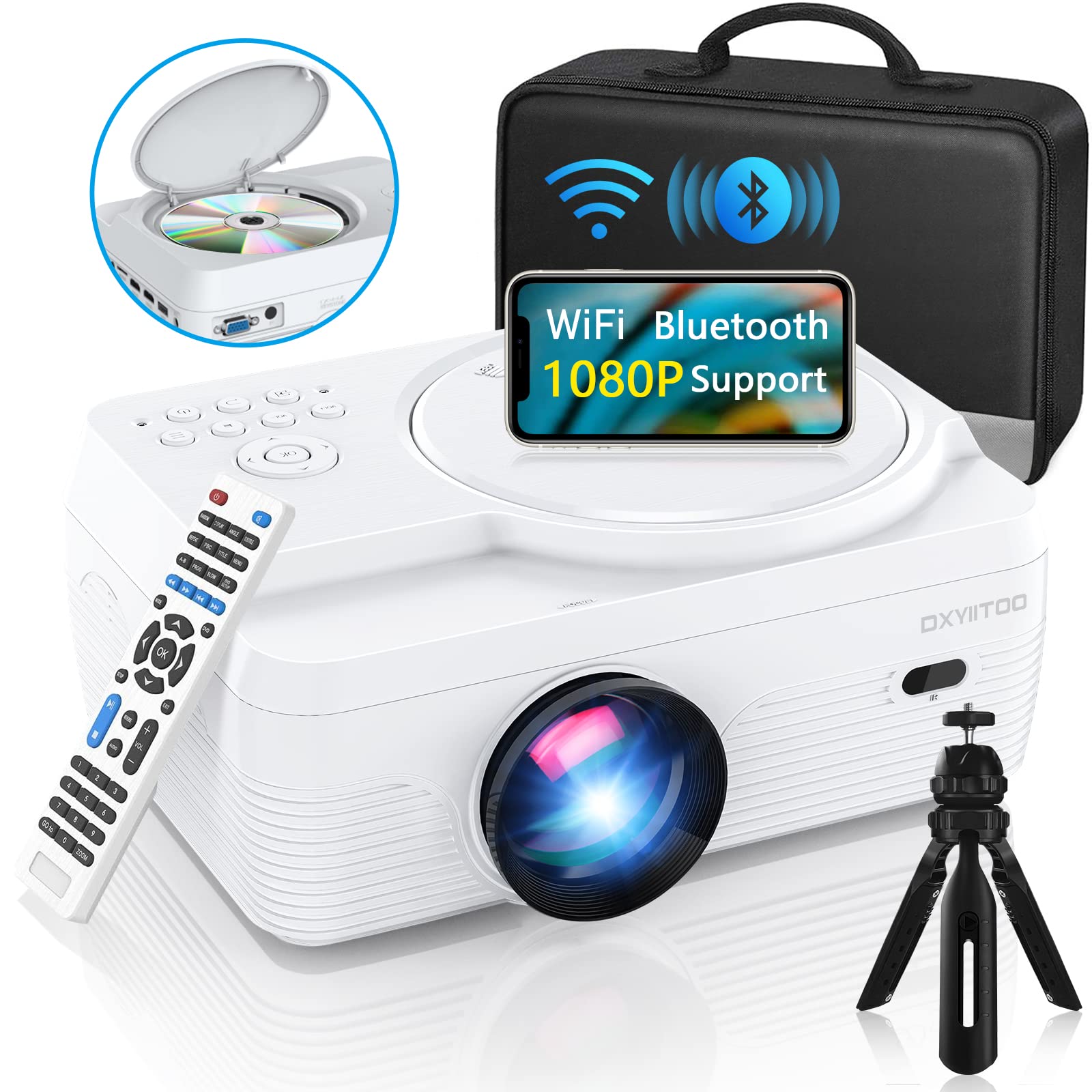 Full HD WiFi Bluetooth Projector Built in DVD Player, 12000LM 1080P Supported, Portable Mini DVD Projector for Outdoor Movies, 250