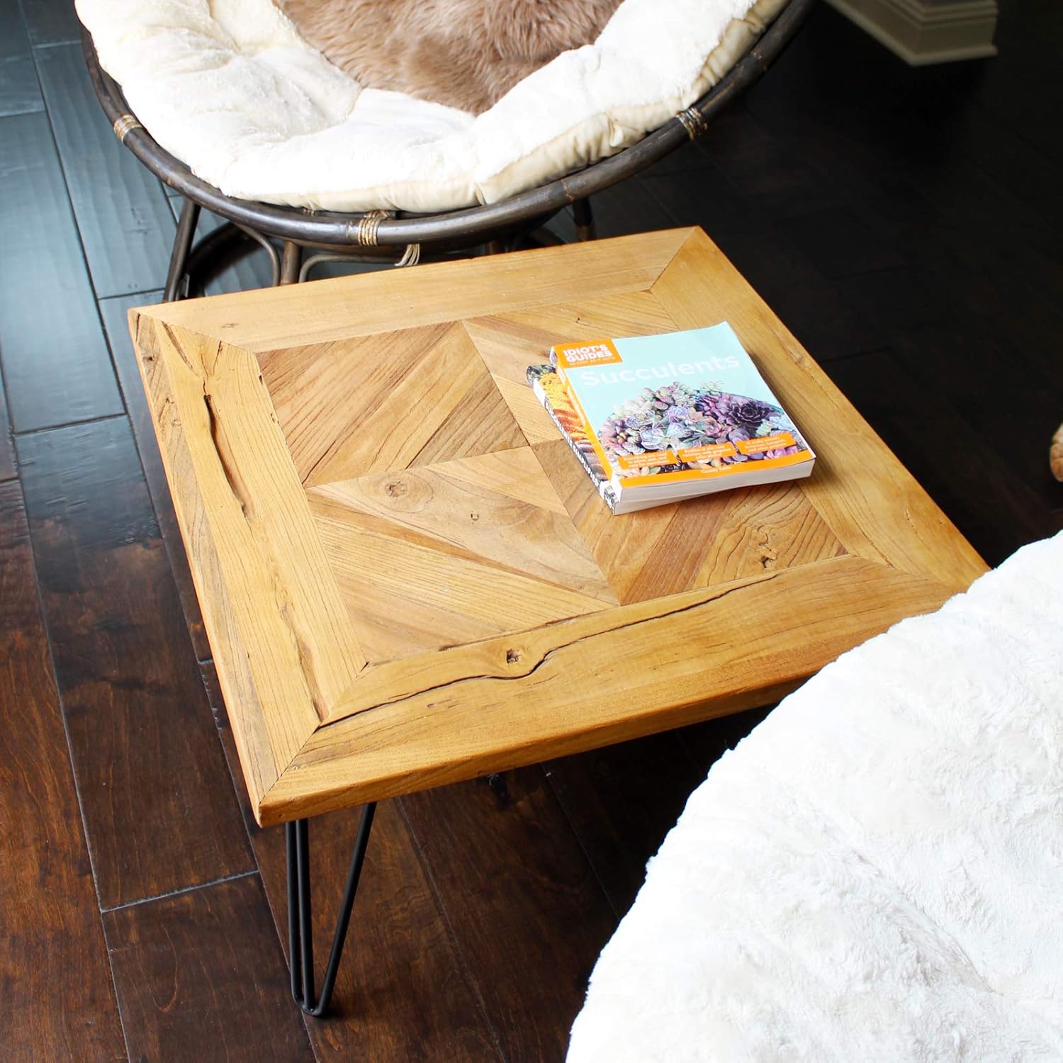 WELLAND Square Old Elm Coffee Table with Metal Stand,Diamond Shape Pattern: Kitchen & Dining