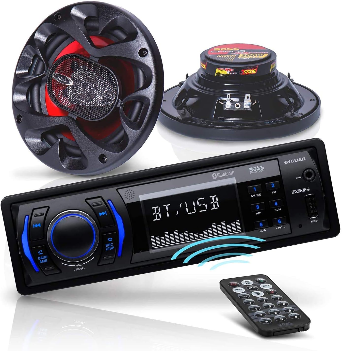 BOSS Audio Systems 616UAB Multimedia Car Stereo - Single Din LCD Bluetooth Audio and Hands-Free Calling + CH6530 Car Speakers - 300 Watts of Power Per Pair and 150 Watts Each, Sold in Pairs