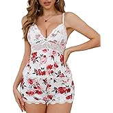 Crexomi Women's Sexy Pajama Set Lace V Neck Camisole Lingerie Nightwear Cami PJ Sets with Elastic Waist Slit Shorts