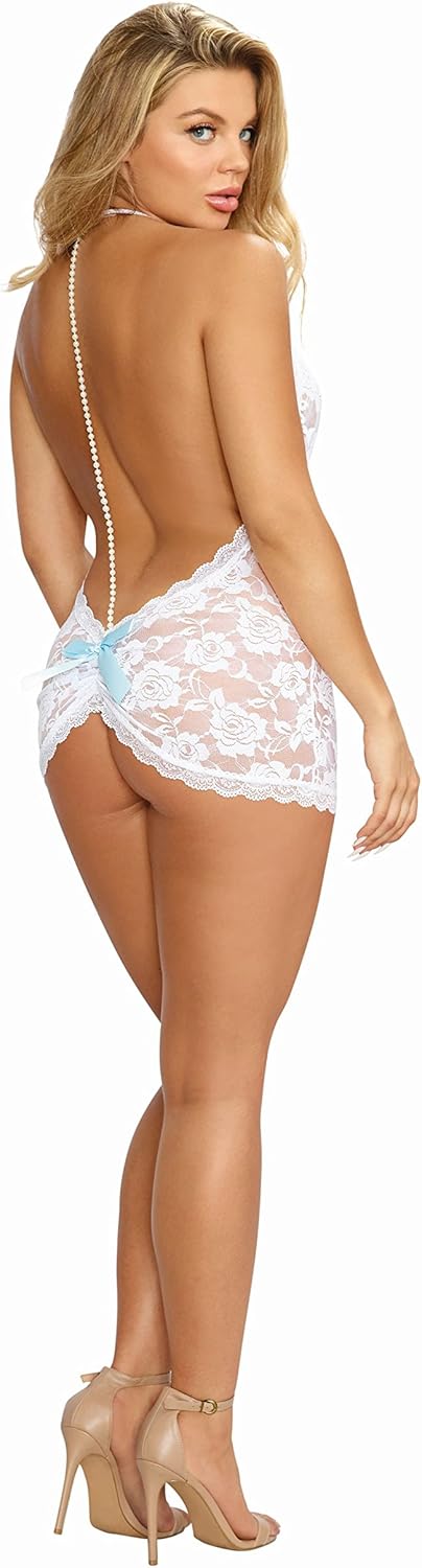 Dreamgirl Women's Sexy Stretch Lace T-Back Chemise, White, One Size: Clothing