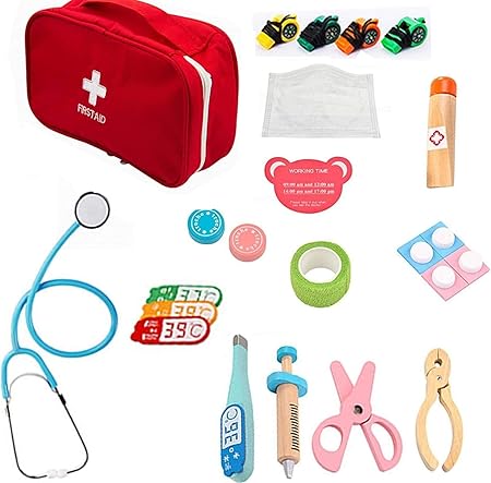 Amazon Lolay お医者さんごっこ お医者さんセットおもちゃ 木製おもちゃ びょういん 知育玩具 おもちゃ ドクター 聴診器 救急車 子供向け 子供用 女の子 男の子 社会性 言語力 想像力育ち ごっこ遊び おキッズ 誕生日 クリスマス プレゼント 入園祝い 15点セット 薬袋