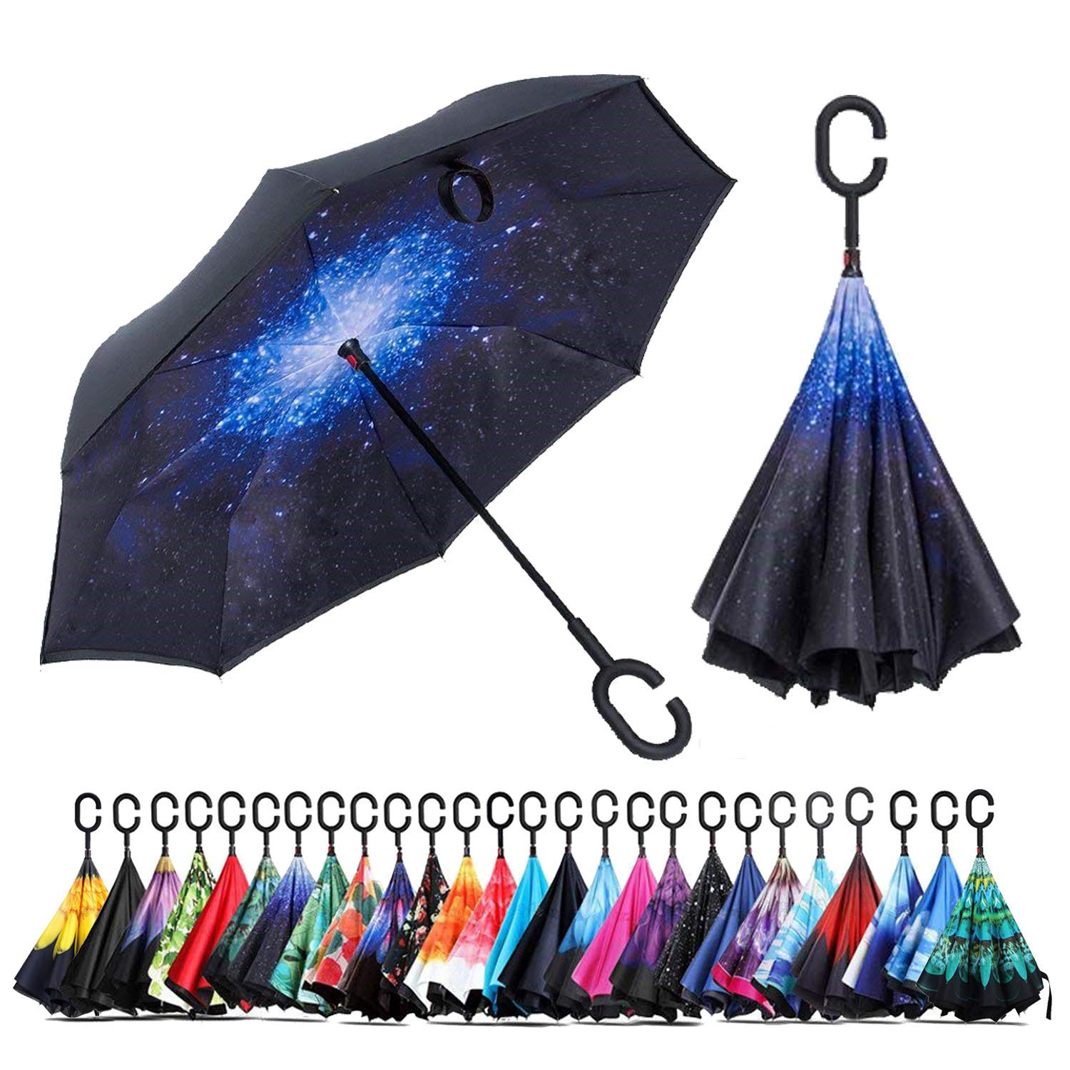 NNY Inc Double Layer Inverted Umbrella Cars Reverse Open Folding Umbrellas, Windproof UV Protection Large Self Stand Upside Down Straight Umbrella for Golf Women and Men with C-Shaped (Galaxy)