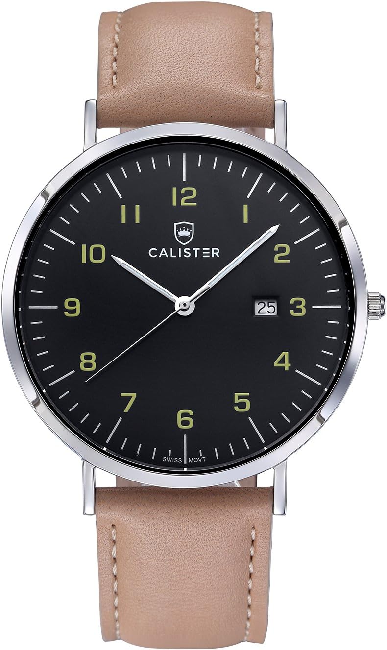Bauhaus Swiss Movement Watch with Sapphire Crystal & Beige Italian Leather Strap, BAU005, By Calister