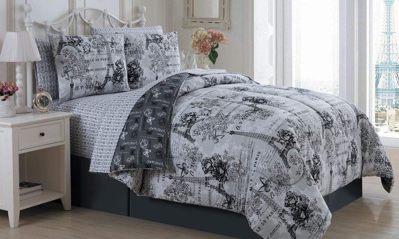 Modern Living Paris Eiffel Tower Black & White Butterflies & Flowers Reversible Twin Comforter Set (6 Piece Bed in A Bag) + Homemade Wax Melts