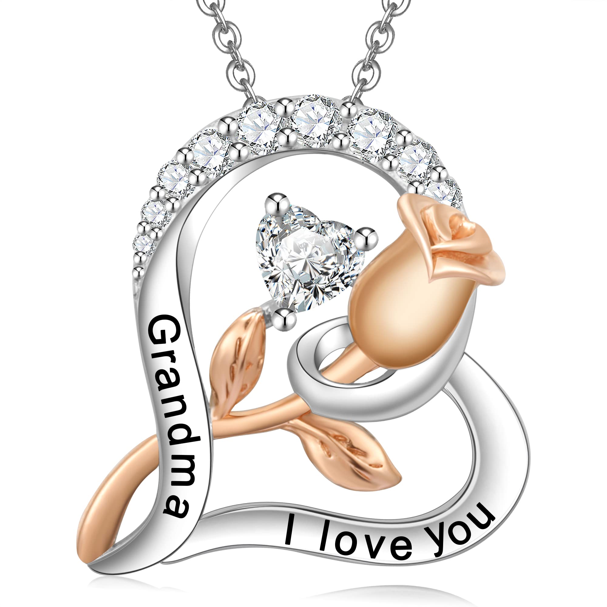 Women's Necklace 925 Sterling Silver Heart Rose Pendant Birthstone Grandmother Birthday Gift