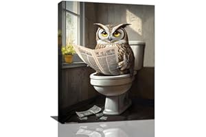 NANEN Owl Bathroom Wall Art, Funny Owl Toilet Pictures Wall Decor, Bird Canvas Prints, Animal Painting, Framed Artwork for Bathroom Living Room Bedroom Office Dining Room 16"X12"