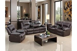 Toseslo Manual Reclining Couch Sofa Set with Drop-Down Table, 3 Pieces Brown Leather Recliner Couch Sets, Living Room Furniture Sets, Recliner Sofa with Storage Console/Cup Holder for Home/Apartment