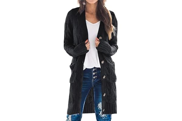 PRETTYGARDEN Long Sleeve Cable Knit Long Cardigan for Women 2023 Fall Winter Chunky Open Front Button Sweaters with Pockets