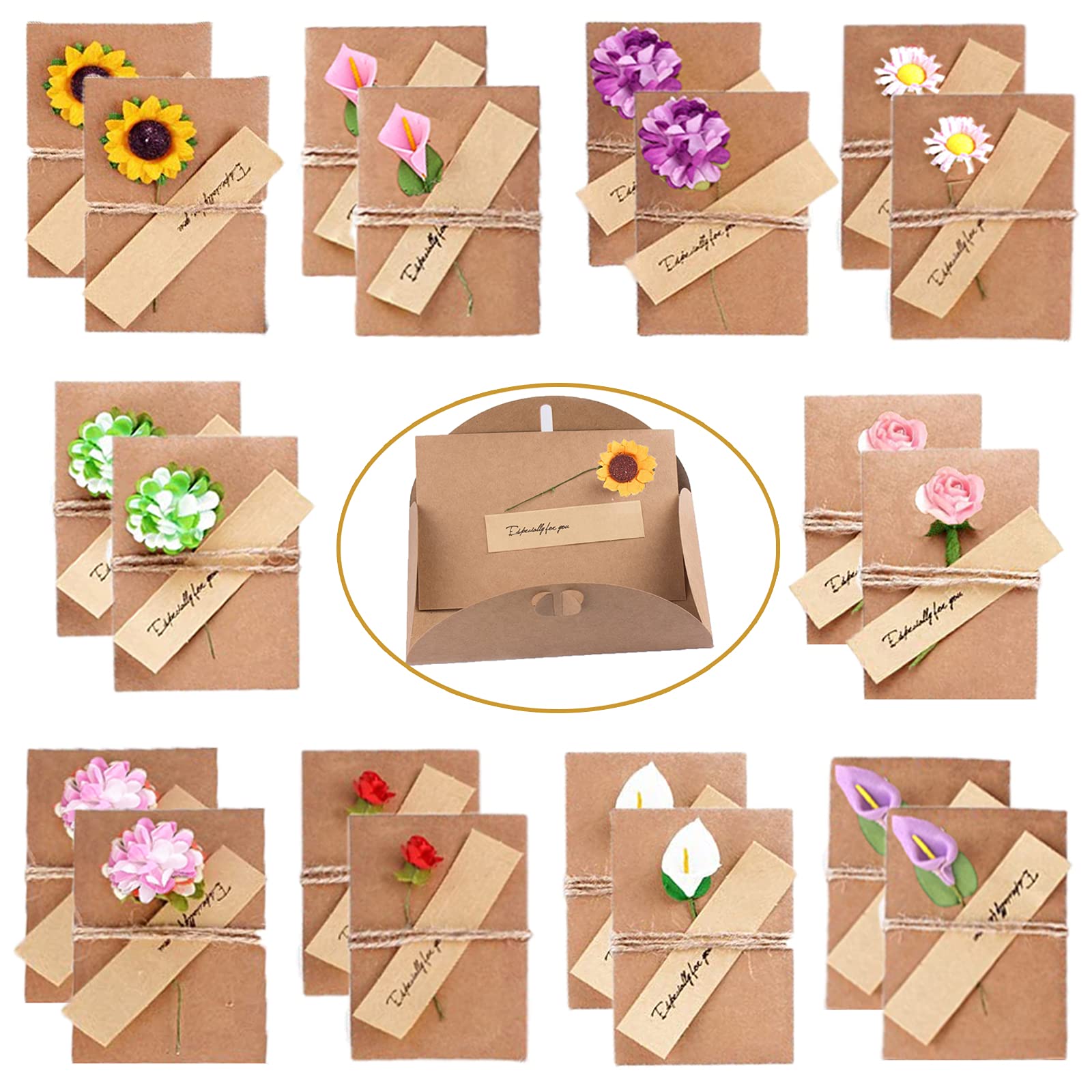 LITOU Pack of 20 Greeting Card Envelopes, 3D Flower Card Retro Kraft Paper Flowers Bucket Decorated for Various Occasions Wedding Birthday Invitations Thanksgiving Christmas Mother's Day