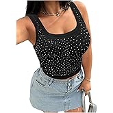 WDIRARA Women's Plus Size Rhinestone Tank Top Square Neck Sleeveless Rib Knit Tops