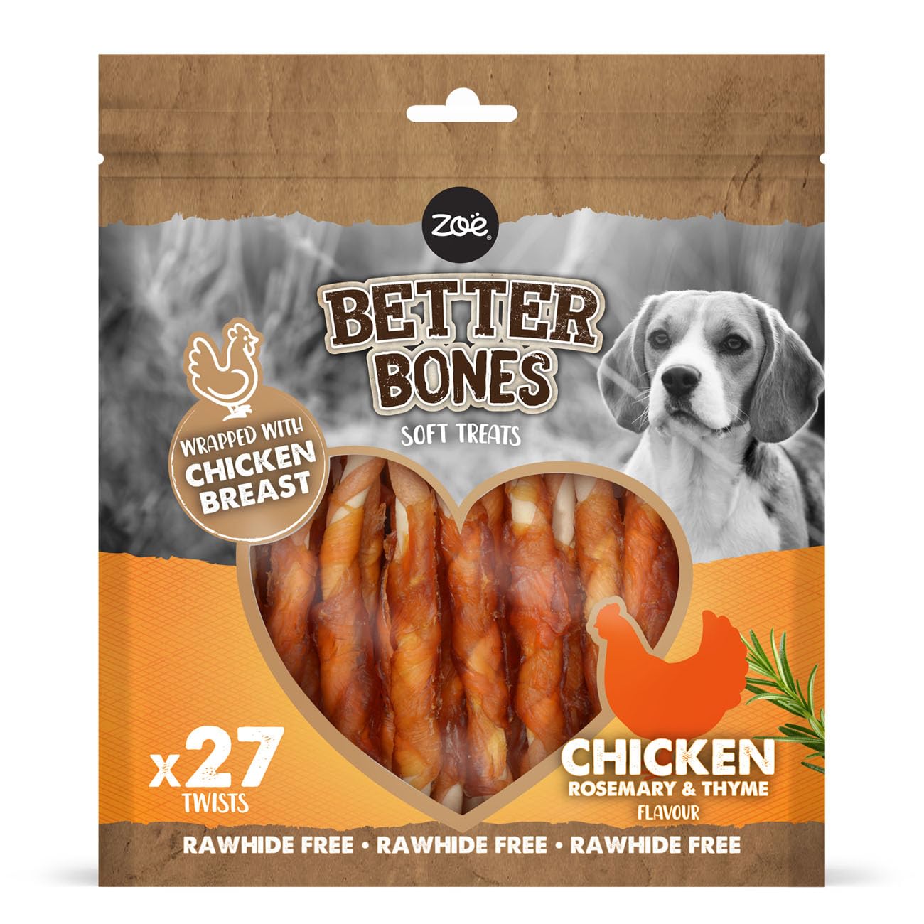 Zoë Better Bones Soft Dog Treat Chews, Pouch of Rawhide-Free, Chicken-Wrapped Twist Dog Training Chews - Chicken Flavour, 1 Bag of 27 pcs