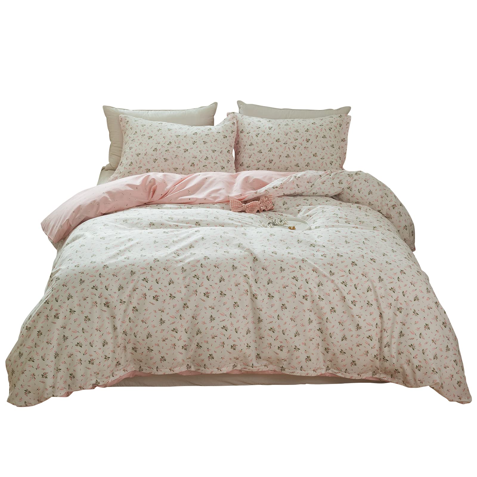 LifeTB Cotton Floral Duvet Cover Queen Girl Pink Flower Bedding Sets Garden Style Comforter Cover Pink White Floral Bedding Sets Flower Branches Pattern Duvet Cover with Zipper Closure — image 1