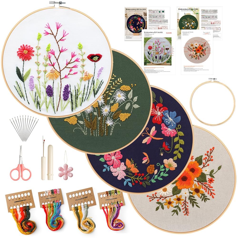 Photo 1 of 4 Pack Embroidery kit for Beginners Adults DIY Starter Kit, Cross Stitch Kits with Flower Stamped Patterns, Embroidery Hoop, Tools,Colorful Threads,Step by Step Instructions,Hand Craft Lover Gift