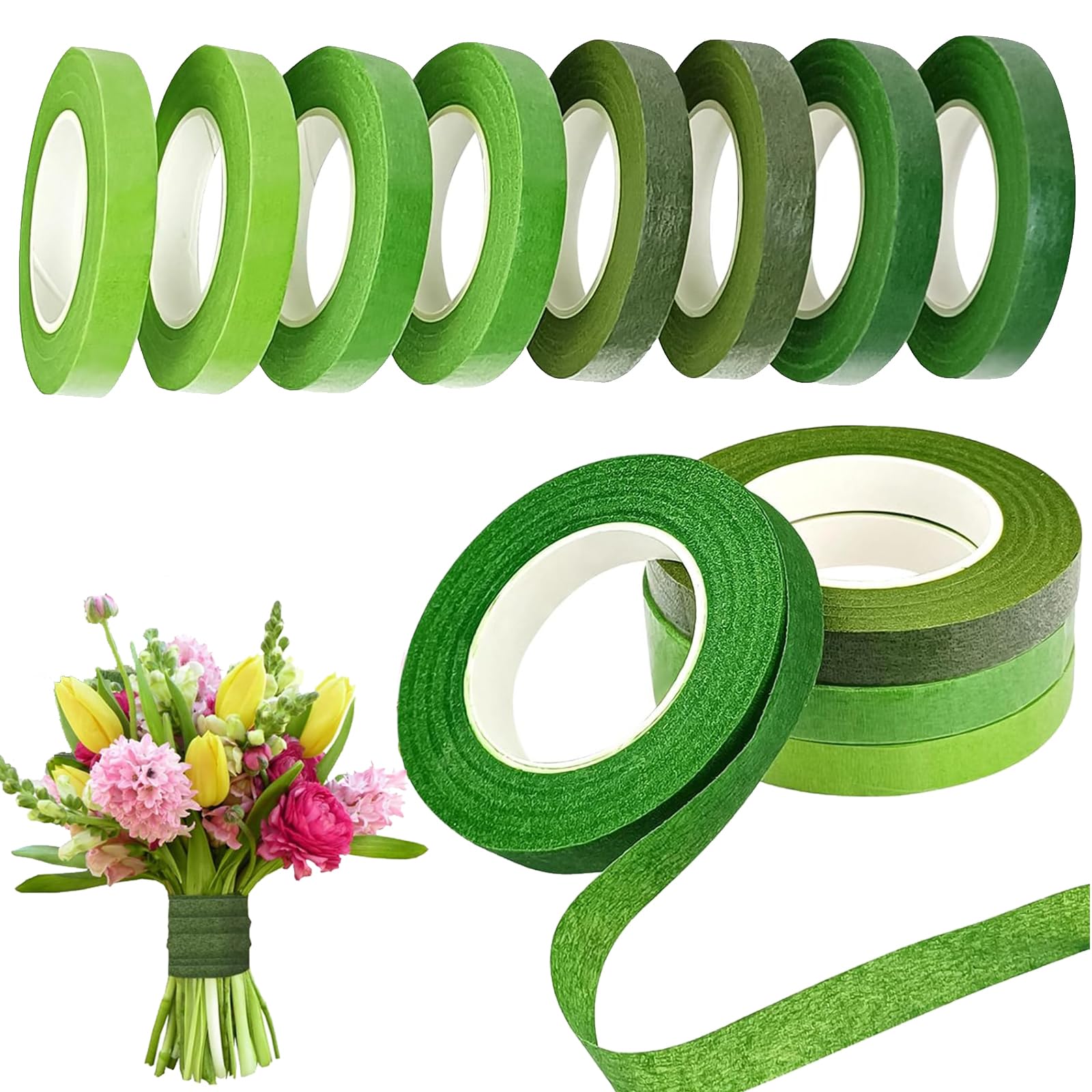 HXC 8 Roll Florist Tape - 12mm Width Green Floral Tape for Bouquet Stem Wrapping and DIY Handcrafts (29.5 Yard/ Roll)
