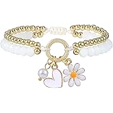 RISHEGAE Gold Bracelet for Women Double Layer Drawstring Bracelets Boho Beaded Bracelet Set Daisy Heart Pearl Charms Trendy Handmade Jewelry Gift for Women