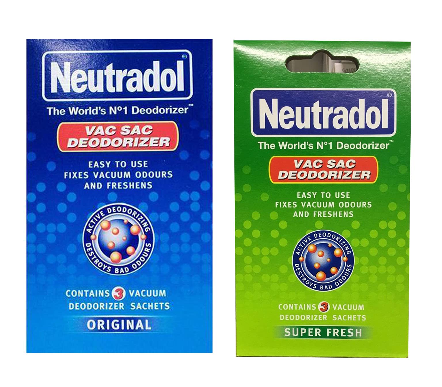 Neutradol Vac Sac Deodorizer 3 Vacuum Sachets Each | Original and Super Fresh | Pack of 2