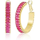 Lourny Gold Crystal Hoop Earrings for Women Trendy, 18K Gold Plated Chunky Big Cubic Zirconia Earrings Hypoallergenic Thick Earrings