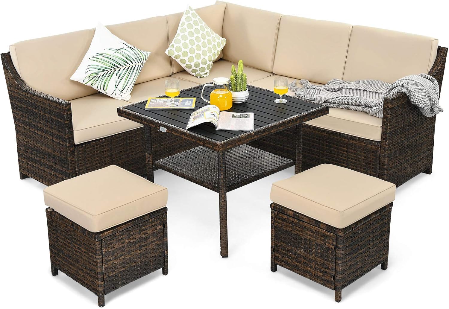 Tangkula Wicker Outdoor Dining Set, 6 Piece PE Rattan Wicker Sectional Corner Sofa Set with Dining Table, 2 Ottomans, Suitable for Garden, Patio, Poolside, Lawn and Balcony, Patio Furniture Set