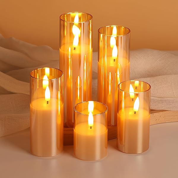 GIRIMAX GOLD GLASS FLAMELESS CANDLES WITH REMOTE BATTERIES, FLICKERING SLIM LED PILLAR CANDLES HOME TABLE DECOR SET OF 5