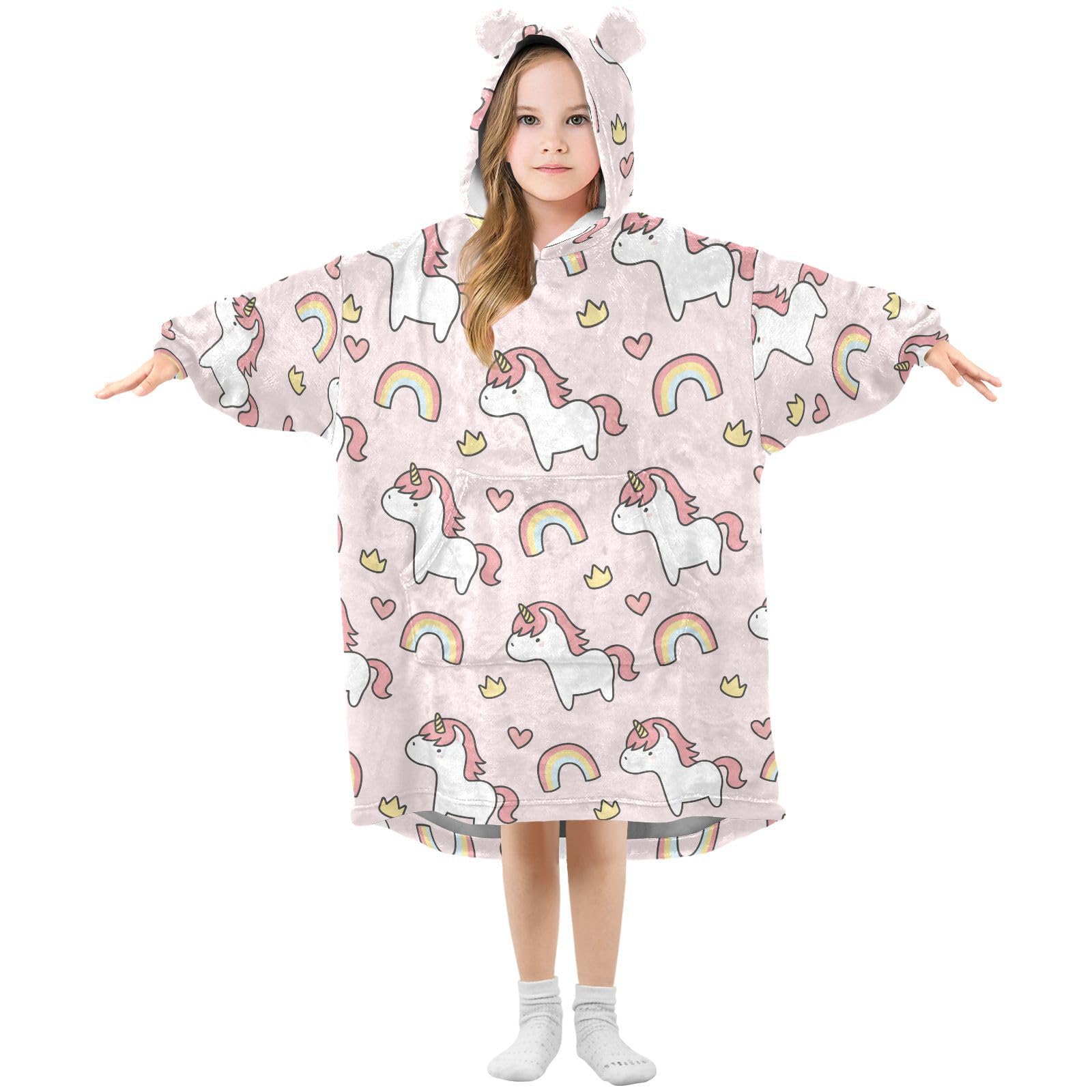 Oversized Blanket Hoodie for Kids Adult Girls Boys, Fleece Hoodie Blanket Cute Unicorn and Rainbow Super Warm Plush Wearable Blanket Hoodie Sweatshirt with Roomy Pocket, Small