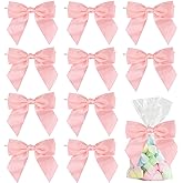 AIMUDI Baby Pink Satin Ribbon Bows 4.5" Pre-Tied Bows with Twist Ties for Gift Wrapping Treat Bags Boxes Baby Shower Wedding Party Favors Valentine's Day Decorations, 36 PCs