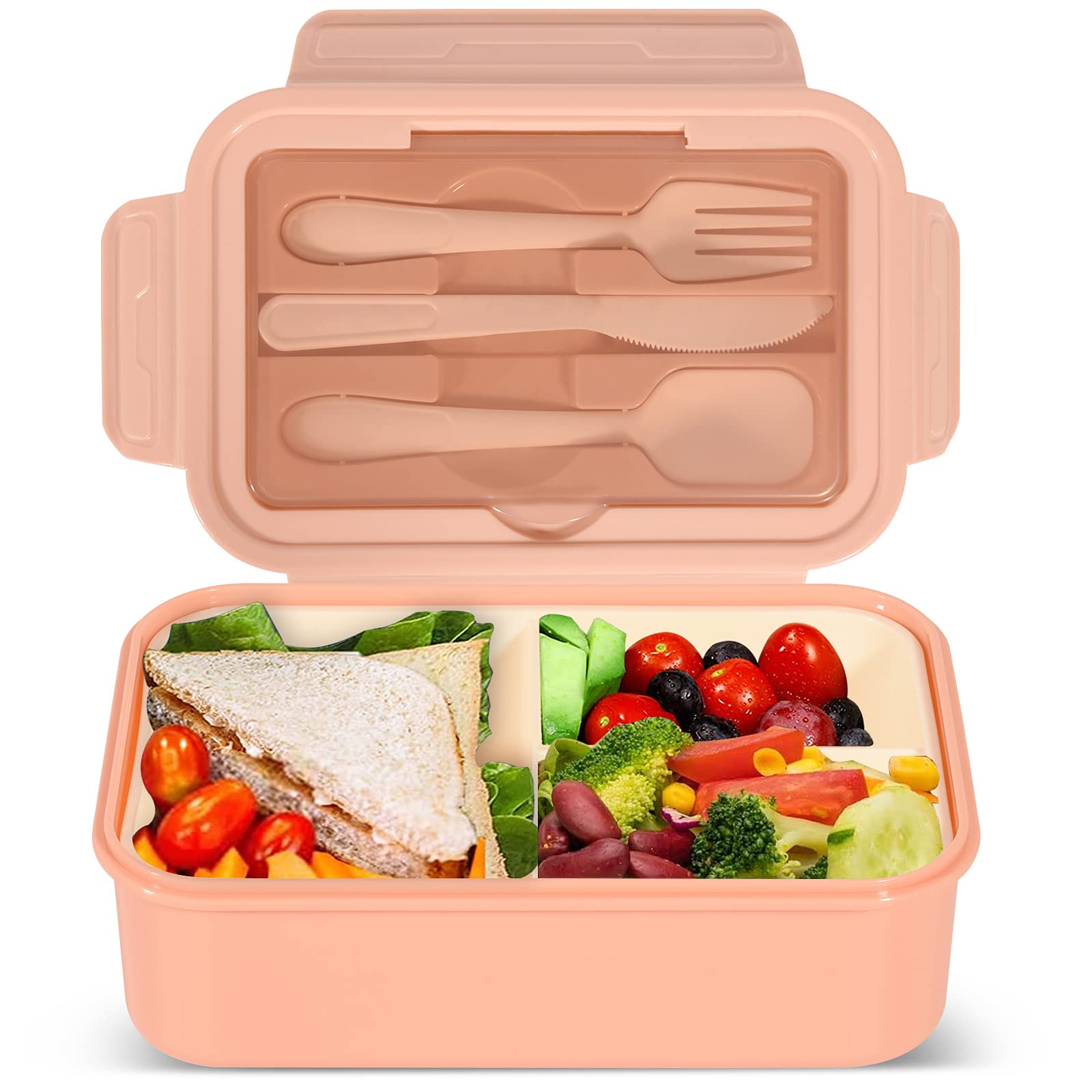 IJIAMY 1400ml Bento Lunch Box With 3 Compartments for Adults and Kids - Container With Cutlery, Dishwasher Safe, BPA Free