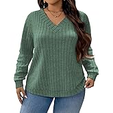 ROSRISS Plus-Size-Long-Sleeve-Tops for Women Casual V Neck Tunics Fall Fashion Shirts Trendy Lightweight Pullover Sweaters