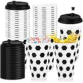 Layhit 24 Pack Soccer Party Birthday Cups Favors 16oz Plastic Reusable Tumbler Bulk with Lid Sports Ball Drinking Cups for Soccer Party Supplies Gifts Decorations