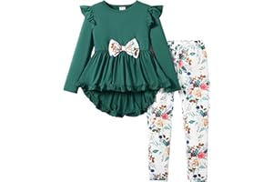 PATPAT Toddler Kids Girls 2Pcs Clothes Set Bowknot Design Ruffle Hem Long Sleeve Top and Floral Print Pant Outfits