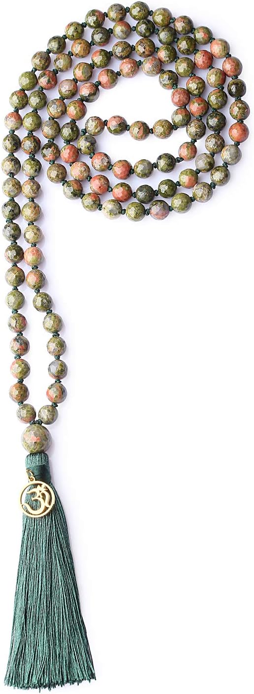 OM Charm Hand Knotted Tassel 108 Mala Beads Necklace