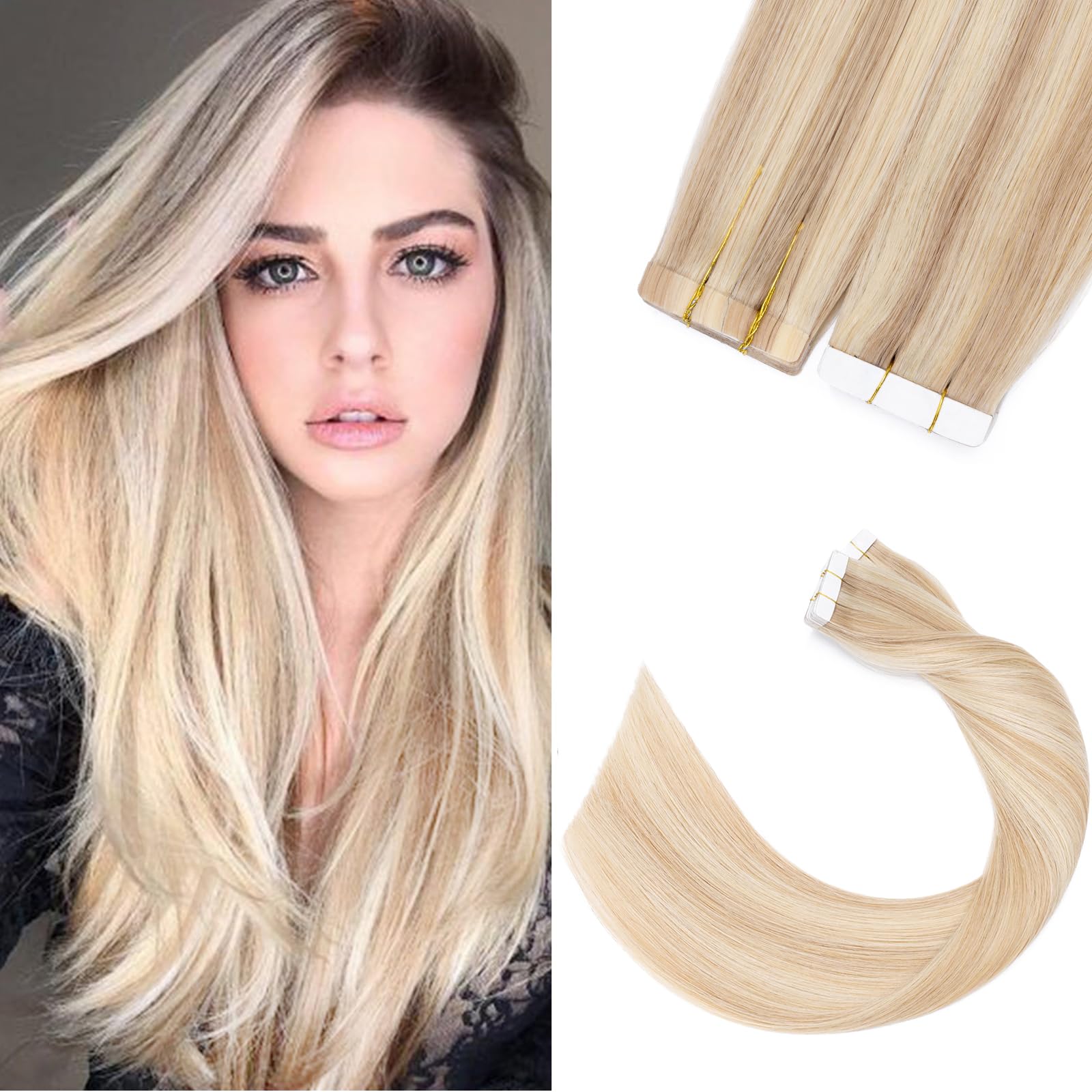 22" Tape in Hair Extensions 20 Pcs Skin Weft Real Remy Human Hair Pieces #18P613 Ash Blonde&Bleach Blonde Tape on Seamless Straight
