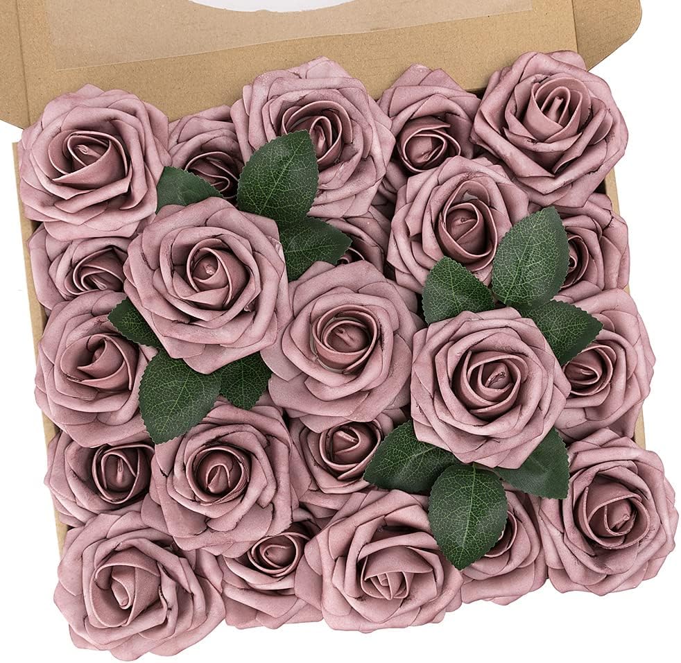 N&T NIETING Artificial Flowers Roses, 50Pcs Real Touch Fake Roses with Stems DIY for Wedding Bridal Bouquets, Valentine's Day, Mother's Day, Baby Shower, Home Decoration (Dusty Pink)
