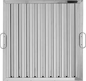 SIFIM heavy-duty 304 stainless steel mirror finish high efficiency commercial exhaust hood grease baffle filter. UL certified and NSF approved. Dishwasher safe. Nominal size 20”x20”x2”. Factory installed handles.