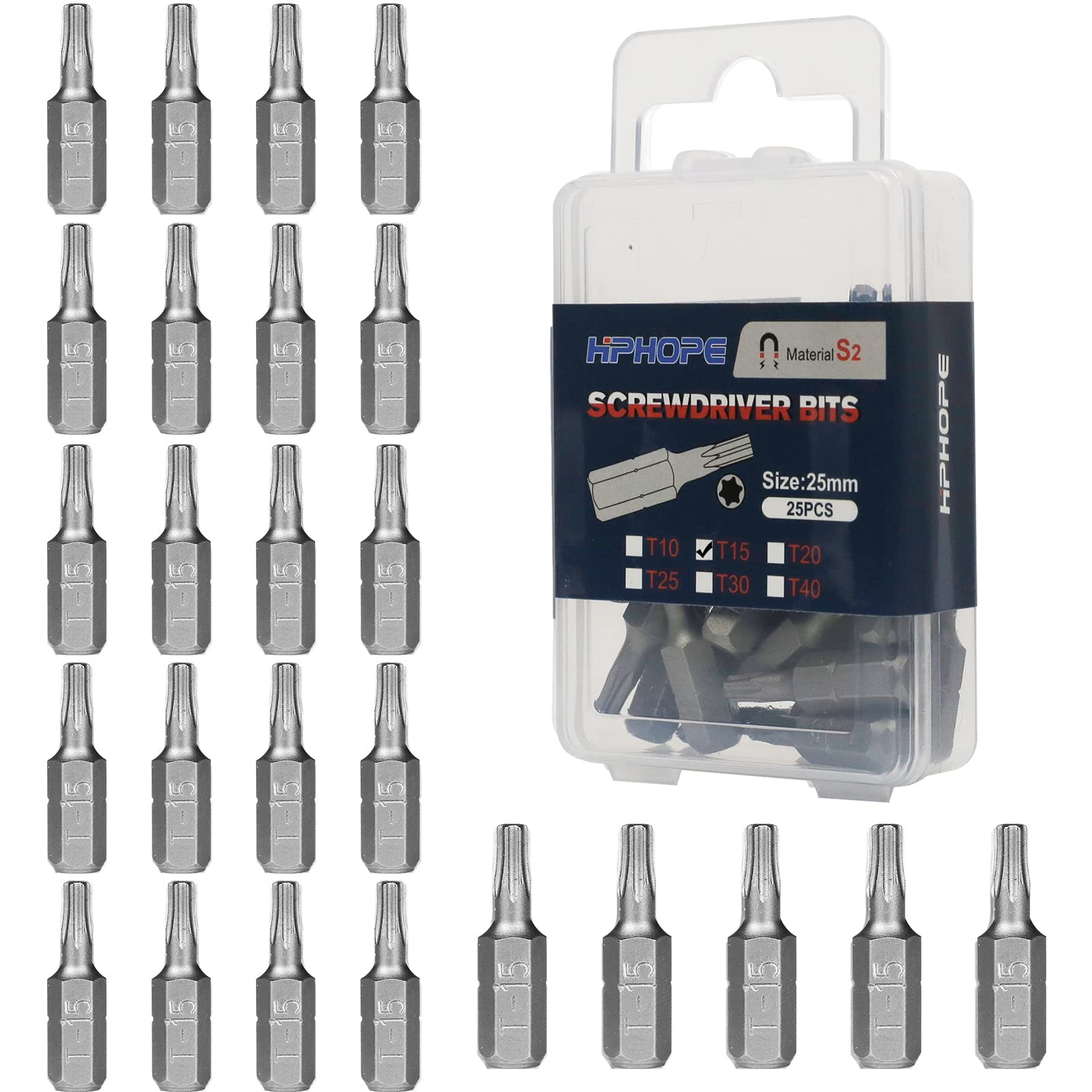 HPHOPE T15 Bits, T15 Torx Bit x 25 Pcs, 1/4" Hex Shank Screwdriver Bits Sets, 25 Bits per Box