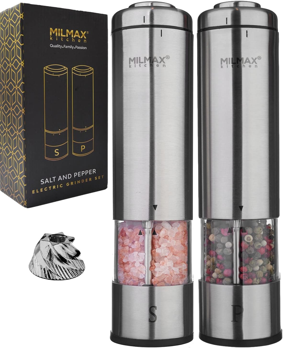 Milmax Kitchen Electric Salt and Pepper Grinder Set-Durable Stainless Steel Salt and Pepper Shakers set w/ Led Light - Automatic Salt and Pepper Grinder set