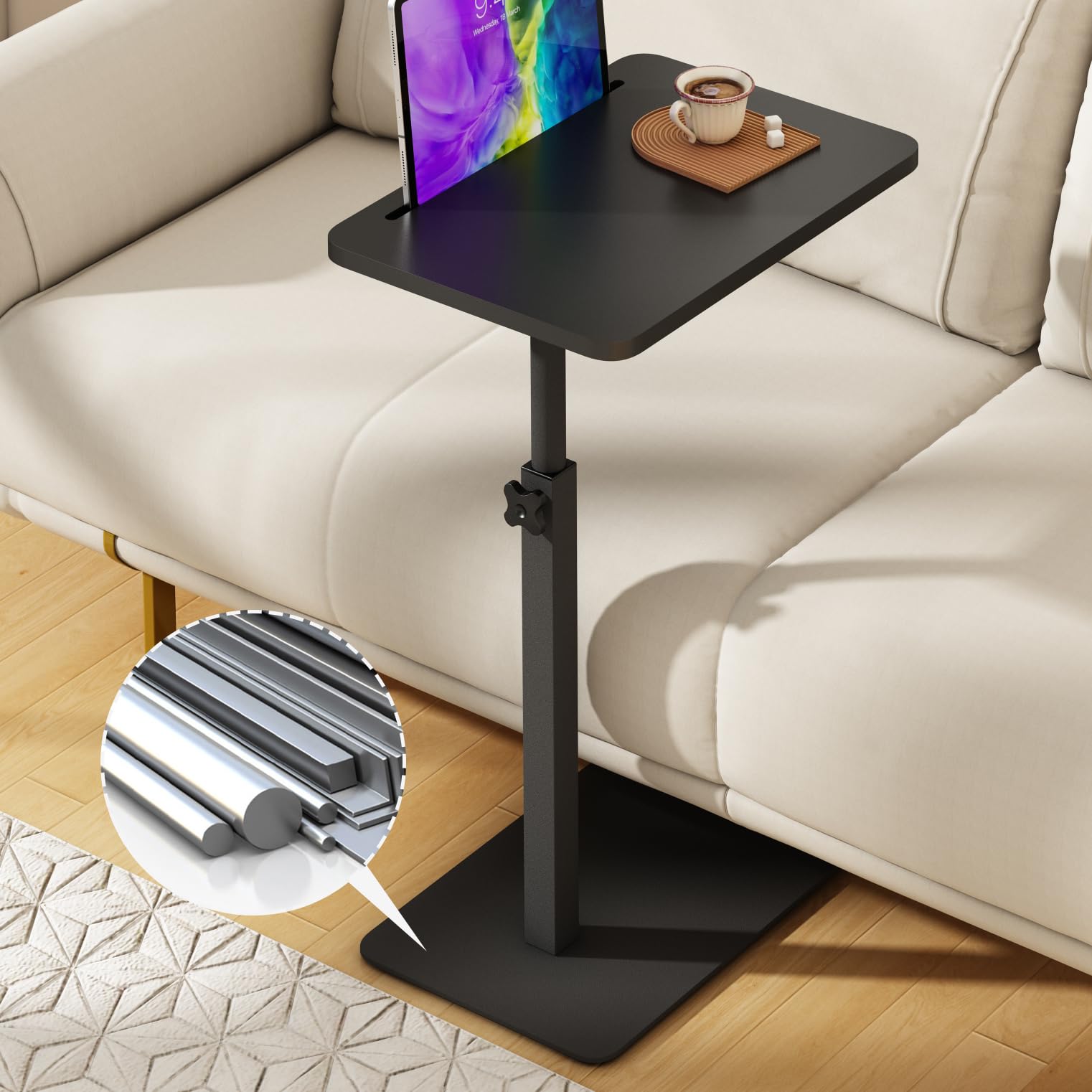 Photo 1 of Forevich Bamboo Sofa Tray Table C Shaped Side End Table with Metal Base, Adjustable Height Swivel Snack Couch for Bed Small Spaces Living Room Black Table and Black Base