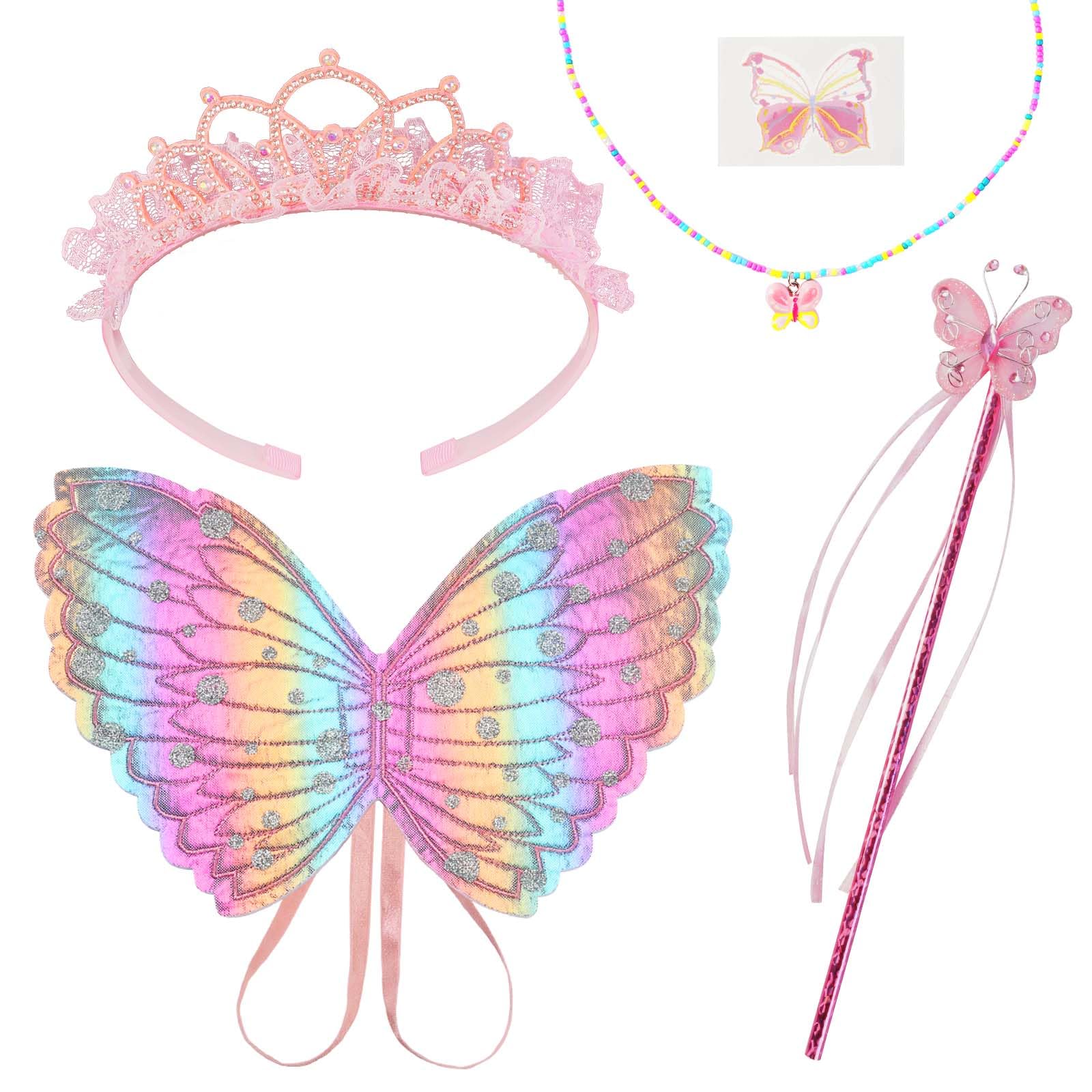 AUYAO 5Pcs Kids Butterfly Wings Costume Set, Fancy Dress Up Butterfly Wings Cape Kids, Princess Fairy Costume Butterfly Wings Set with Necklace Crown Scepter, Girls Butterfly Dress up for Halloween