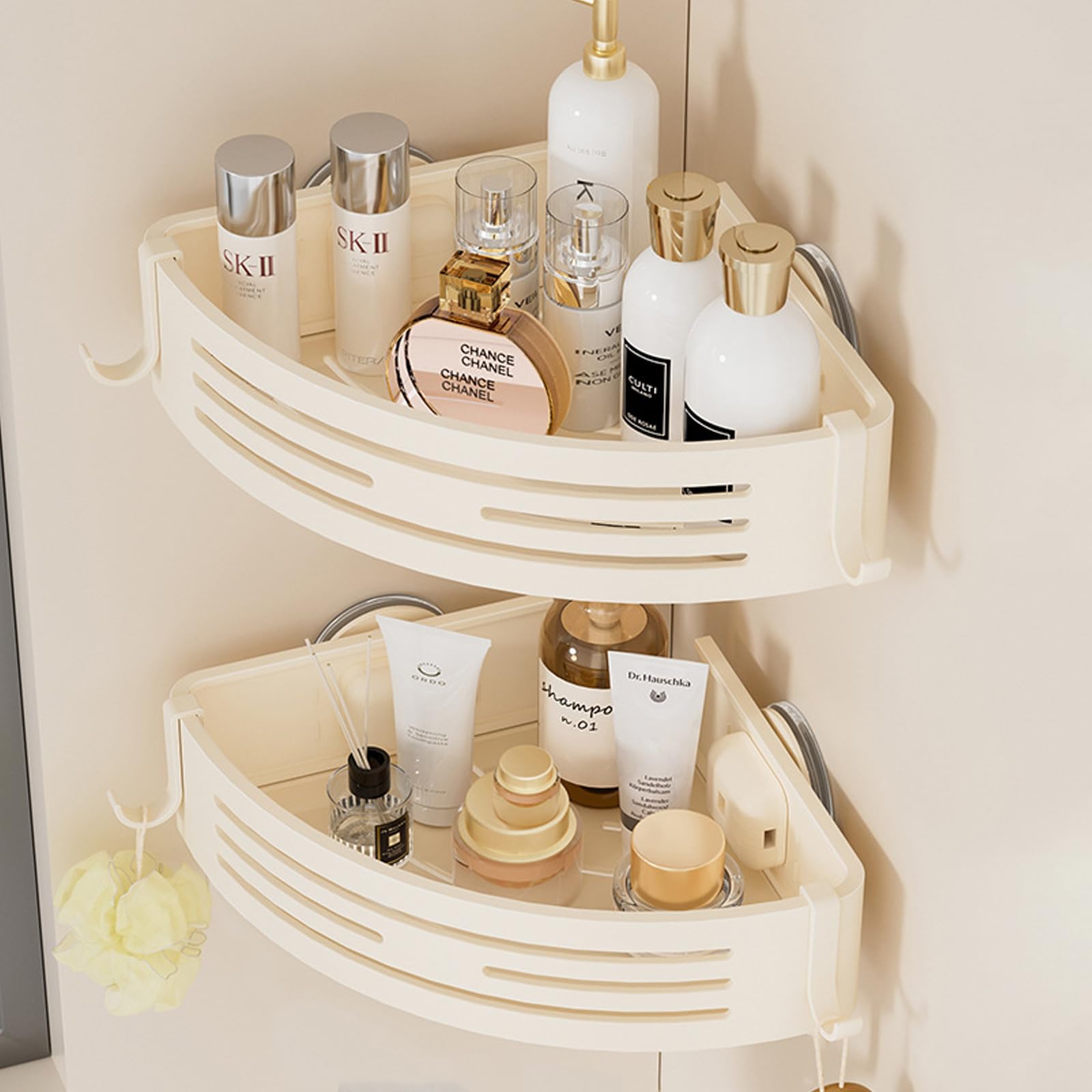ONXE Corner Shower Caddy Suction Cup,Shower Shelves with Hooks,No Drilling Powerful Suction Bathroom Organizers and Storage,Removable Waterproof Rustproof Metal Shower Bathroom Decor (2 Pack-White)