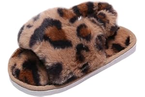 LightFun Girl's Fuzzy Fluffy Furry Slippers Cross Band Shoes Slides for Girls Fur Flip Flop Open Toe Slippers