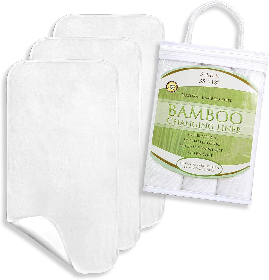 Reusable XL Bamboo Changing Pad Liners, 3 Pack, 35 x 18" Waterproof , Antibacterial, Machine Washable