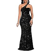 dasmzper Women's One Shoulder Sequin Evening Gown – Formal Maxi Dress for Wedding Guest, Prom, Cocktail