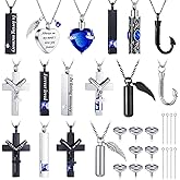 Huquary 16 Pcs Urn Necklace for Ashes Waterproof Stainless Steel Carved Ashes Locket with 8 Filling Kit Heart Cylinder Cross Cubic Fish Hook Jewelry for Ashes with Wing Diamond for Men Women
