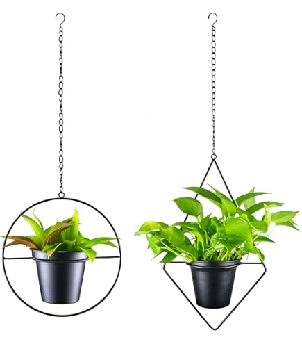 HemePaha - Maceta Colgante Ovalada De Metal, Juego De 2 Perchas Geométricas Negras Para Plantas Con Macetas De 6 Pulgadas, Moderno Soporte Para Plantas De Pared Y Techo